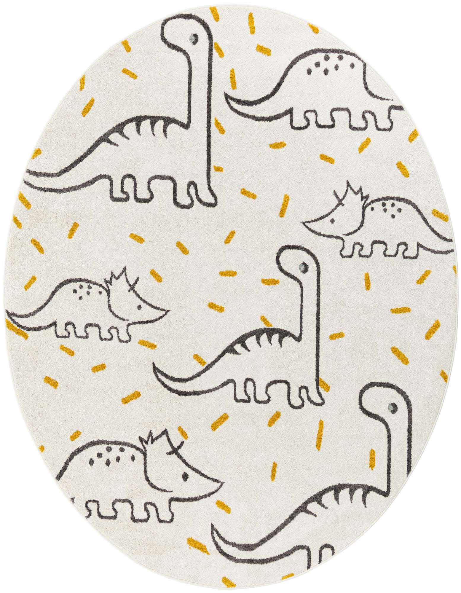 Round ivory rug with playful black outline dinosaurs and scattered mustard yellow dashes, perfect for a kids' room.