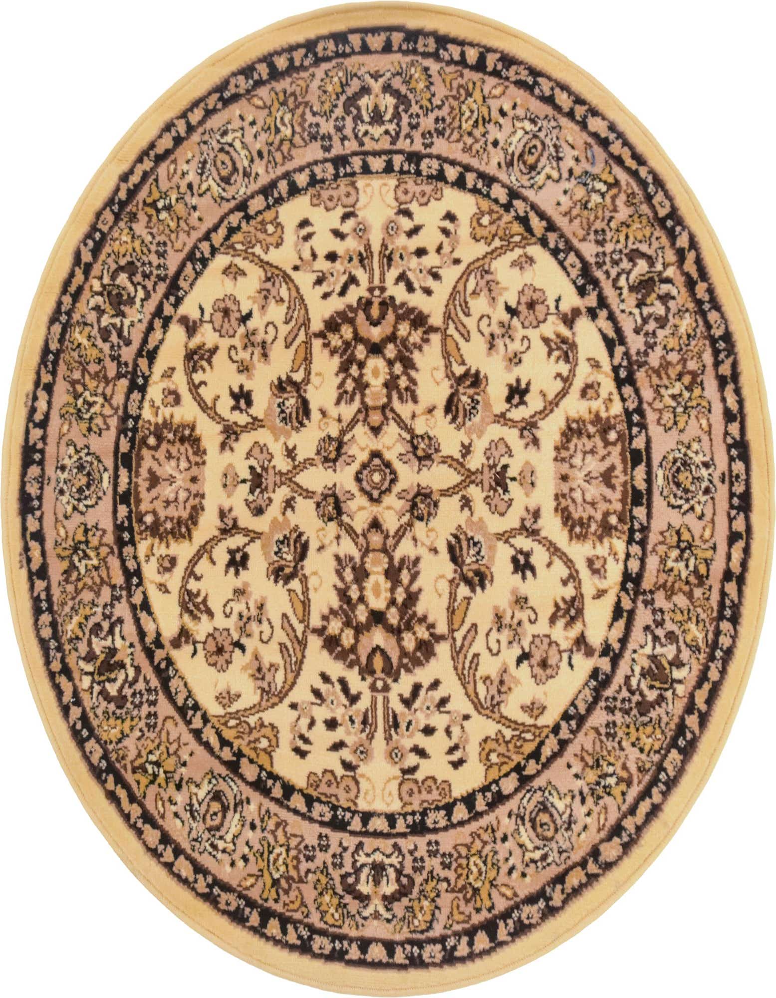 A round 4' x 4' traditional ivory and cream rug with an oriental floral pattern and dark border.