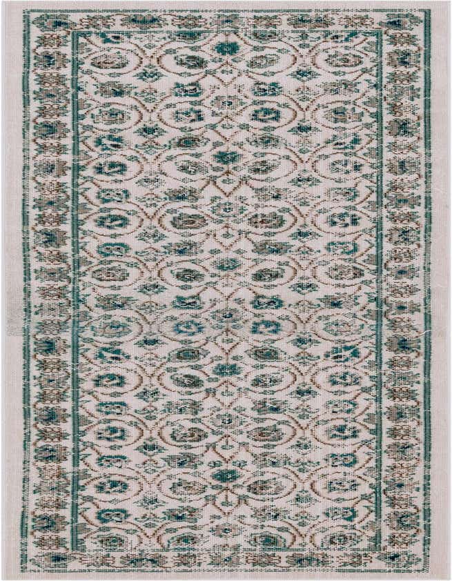 A 6 ft runner rug with a traditional botanical pattern in ivory, cream, white, and teal, perfect for a hallway.