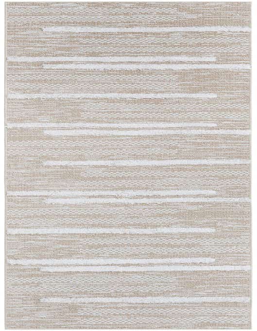 A 10 ft runner rug from the Rugs.com Abbey collection, featuring a modern stripe pattern in ivory and cream, with a textured high/low pile.