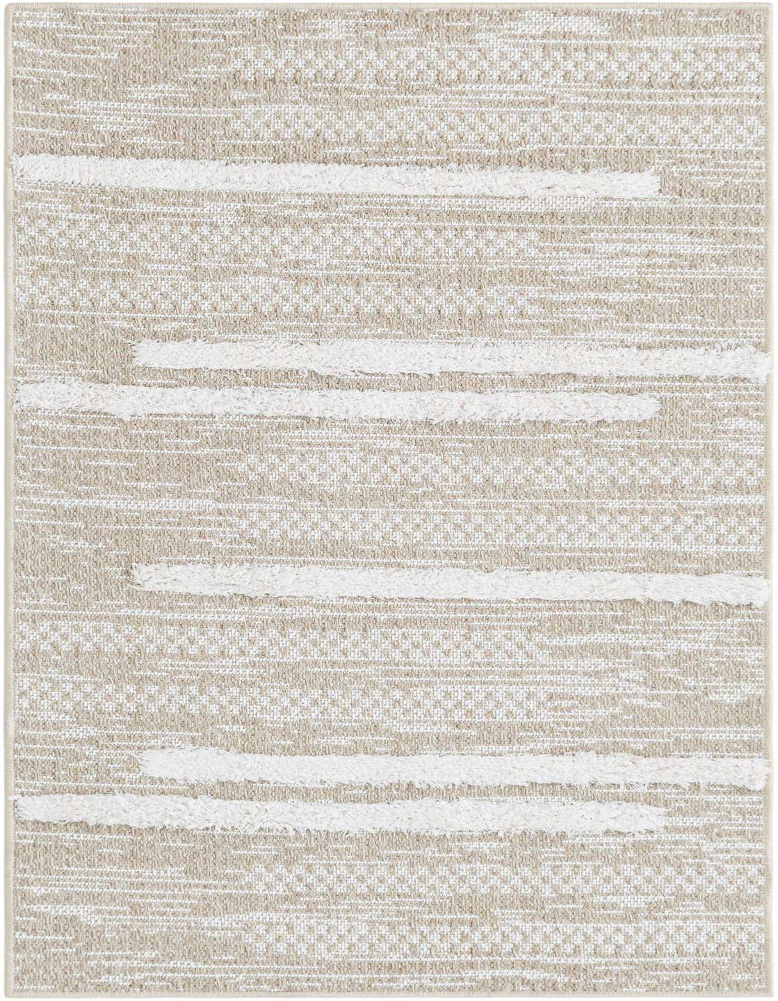 A 4 ft runner rug in ivory and cream with a modern stripe pattern and textured high/low pile.