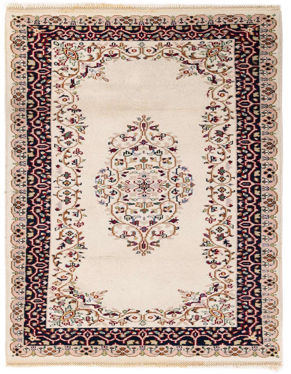 A 6 ft runner rug with an ivory field and a traditional medallion design, featuring intricate floral patterns in red, blue, and pink.