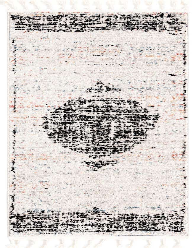 A 6 ft runner rug with an ivory and white distressed modern stripe pattern, featuring a central black abstract diamond and tassels.