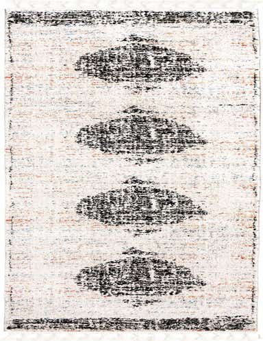 A 13 ft runner rug in ivory and cream with a modern, distressed black stripe pattern and fringe ends, ideal for a hallway.