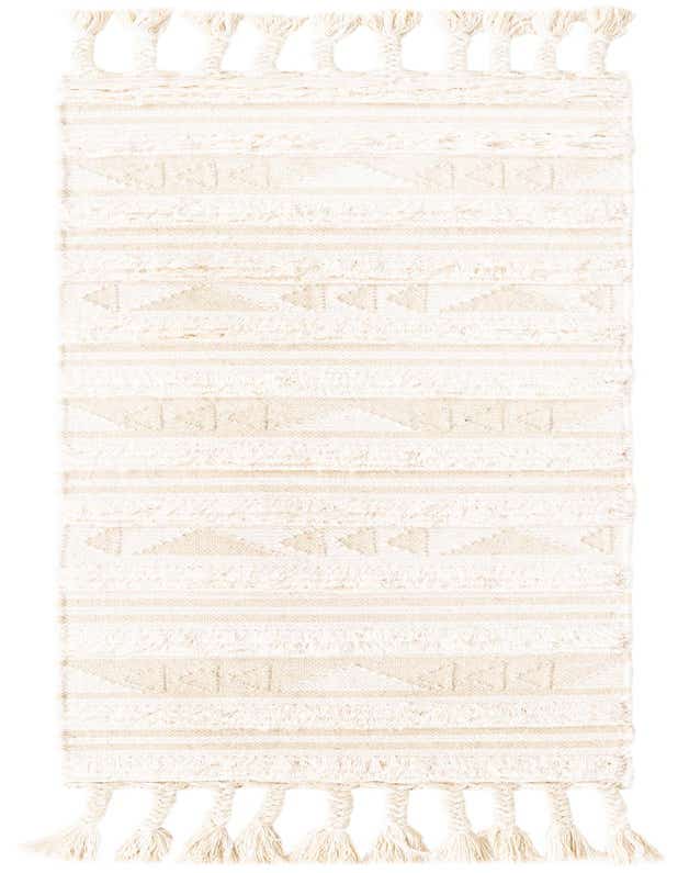 A 6 ft ivory and cream wool runner rug with tribal geometric patterns, shag texture, and braided tassels.