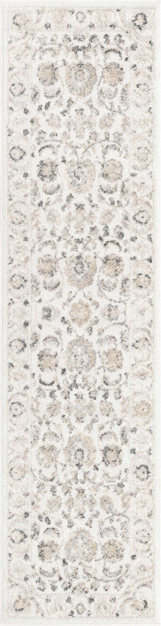 An 8 ft runner rug in ivory and cream with a traditional botanical pattern, ideal for a hallway or kitchen.