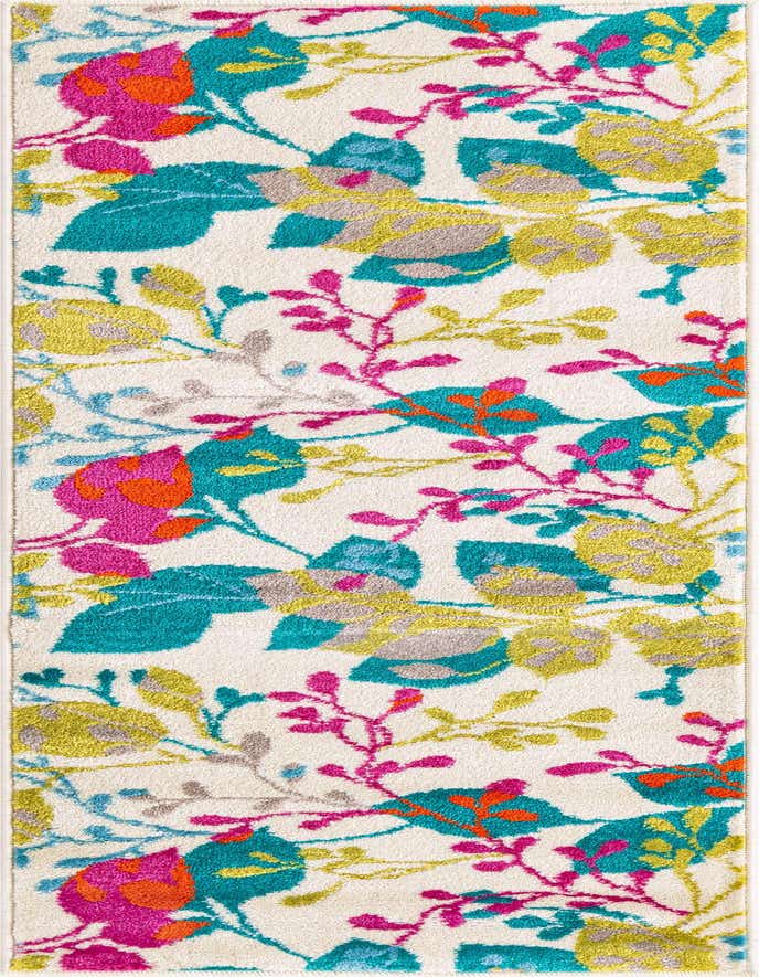 A 6 ft runner rug with a vibrant botanical pattern on an ivory background, featuring teal, fuchsia, orange, and lime green leaves and branches.