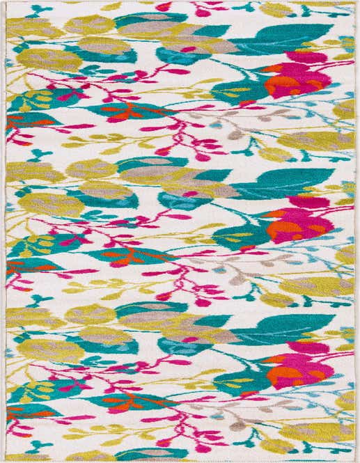 An 8 ft runner rug with a modern botanical pattern on an ivory background, featuring vibrant teal, fuchsia, orange, and lime green leaves and branches.