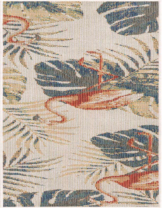 Ivory runner rug with a vibrant coastal botanical pattern featuring orange flamingos and blue-green palm leaves, suitable for indoor or outdoor use.