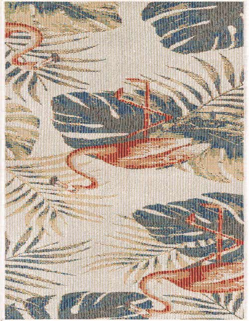 An 8 ft runner rug with a coastal botanical pattern featuring red flamingos, blue monstera leaves, and tan palm fronds on an ivory background.