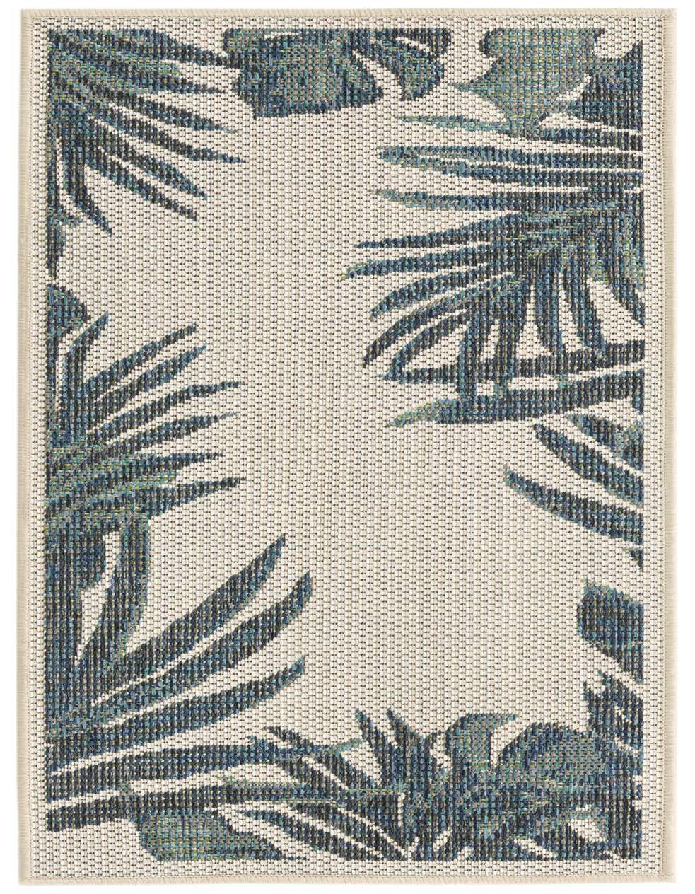 Ivory 4 ft runner rug with a modern botanical pattern of large blue and green palm leaves framing the edges, suitable for a hallway or patio.