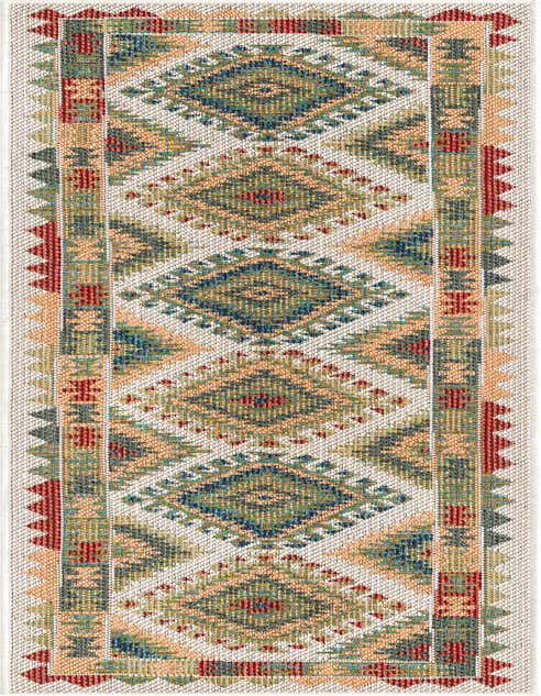 An 8 ft runner rug with a Southwestern tribal pattern featuring ivory, cream, red, blue, and green diamond and geometric motifs, suitable for a hallway or patio.