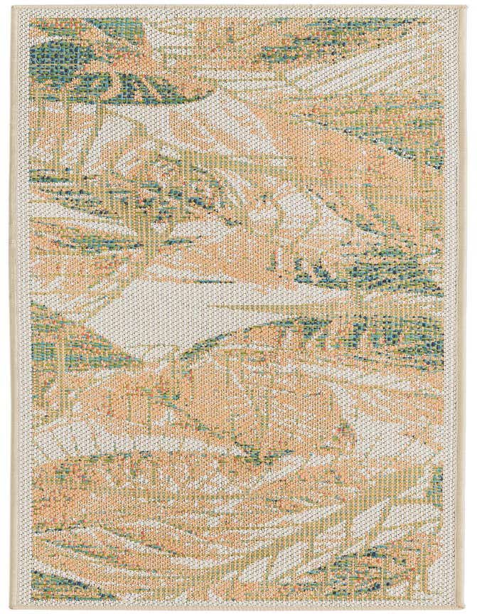 A 6 ft runner rug featuring a modern botanical pattern in ivory, cream, peach, and teal, suitable for a hallway or patio.