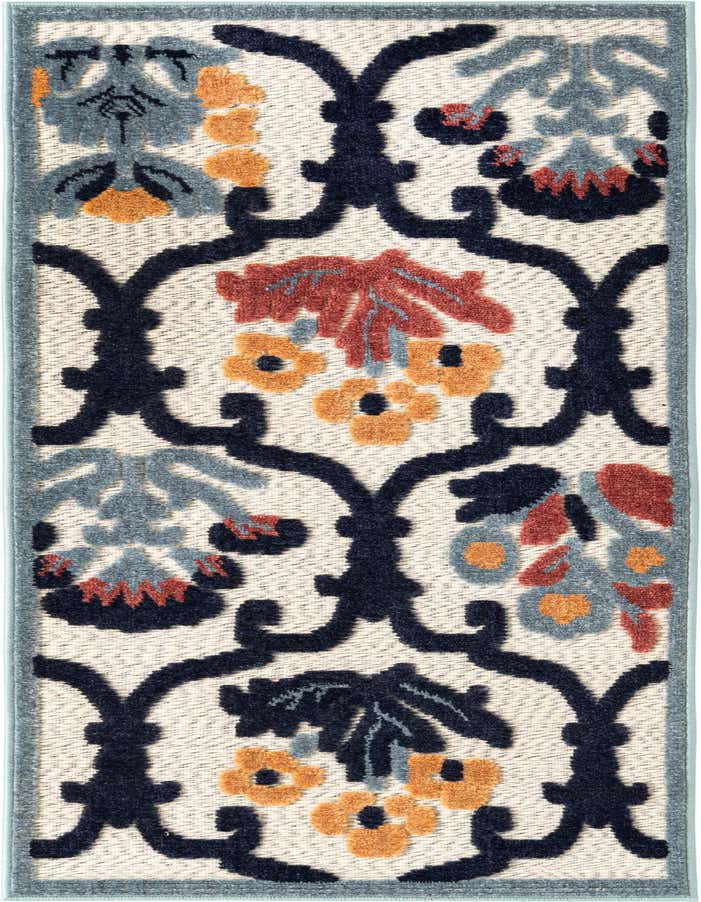 A 6 ft runner rug featuring a modern botanical trellis pattern in navy, rust, and gold on an ivory background, with a light blue border.
