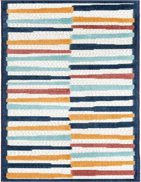 An 8 ft runner rug with a modern coastal stripe pattern in ivory, navy, light blue, orange, and red, suitable for a hallway or patio.