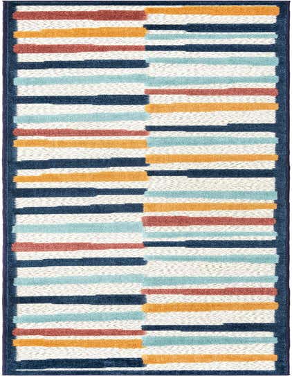 A 10 ft runner rug featuring a modern coastal stripe pattern in ivory, cream, navy, teal, orange, and terracotta.