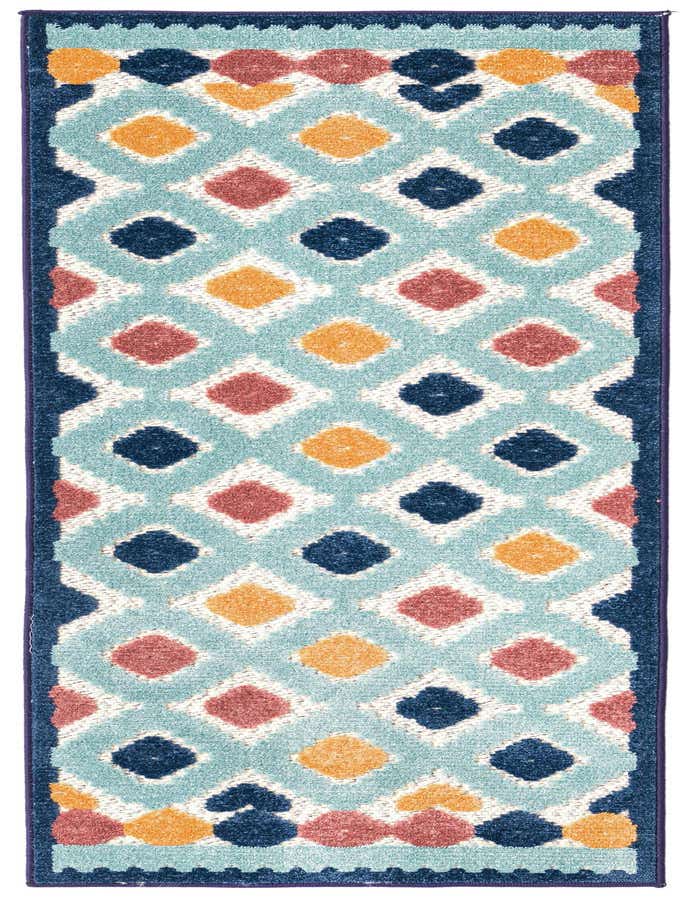 A 6 ft runner rug featuring a vibrant bohemian trellis pattern in ivory, blue, orange, and red, suitable for a hallway or patio.