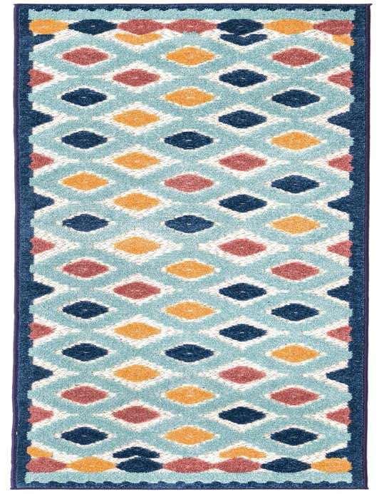 A colorful 8 ft runner rug with a bohemian trellis pattern in ivory, light blue, navy, orange, and red, perfect for a hallway or patio.