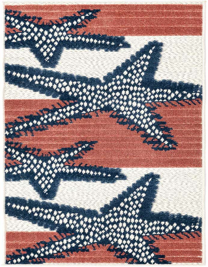 A 6 ft runner rug featuring large navy blue and white starfish patterns on alternating ivory and terracotta striped backgrounds.
