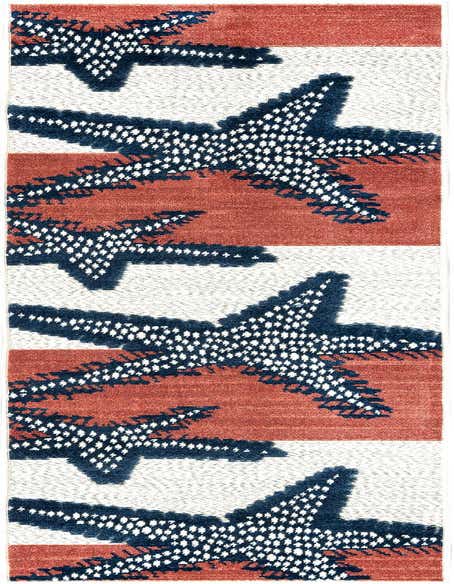 A 10 ft runner rug featuring a modern tropical design with large, stylized navy blue starfish on alternating ivory and terracotta stripes.