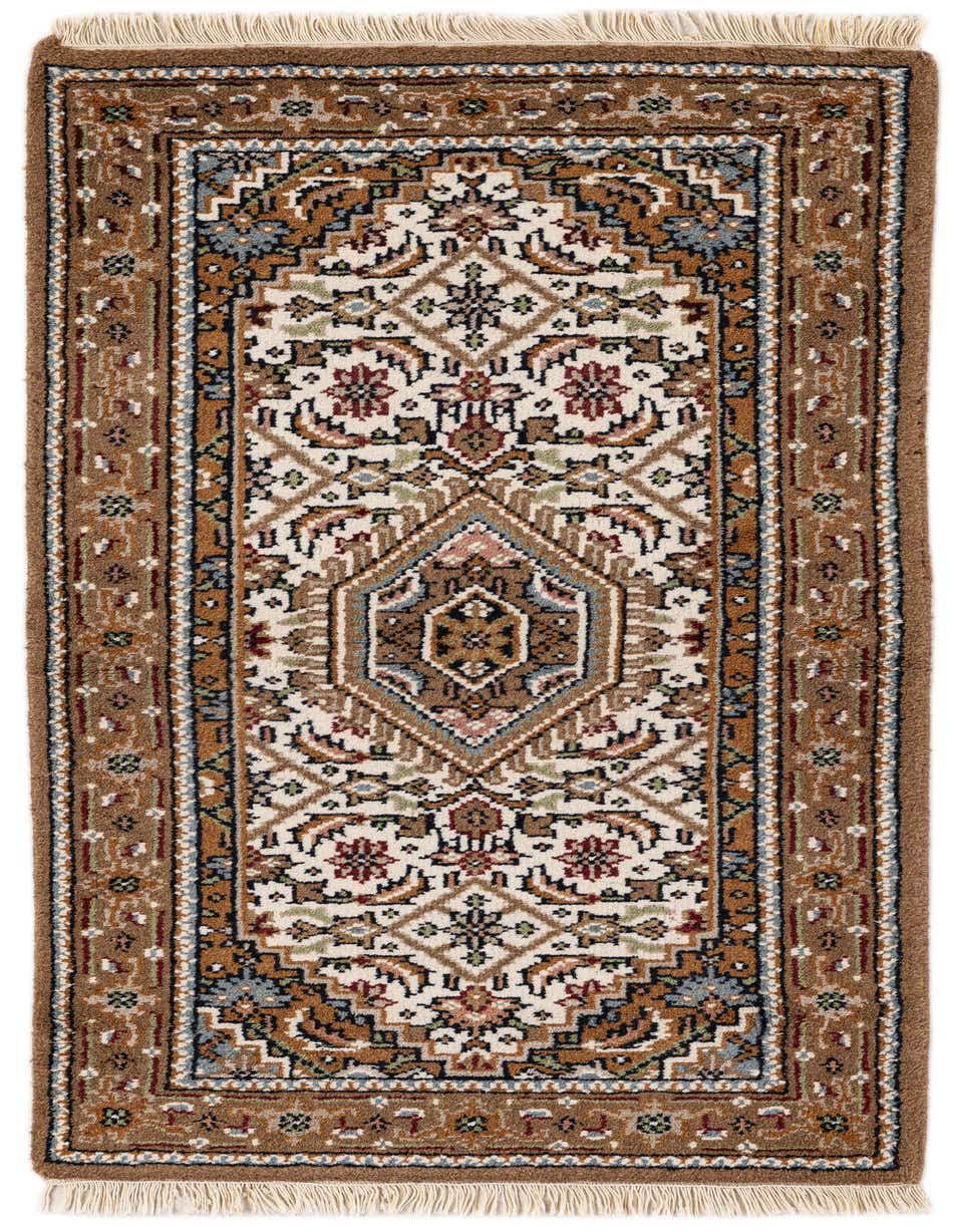 A 5 ft runner rug with a traditional Oriental floral pattern in ivory, cream, and brown tones, featuring a central medallion and fringe.