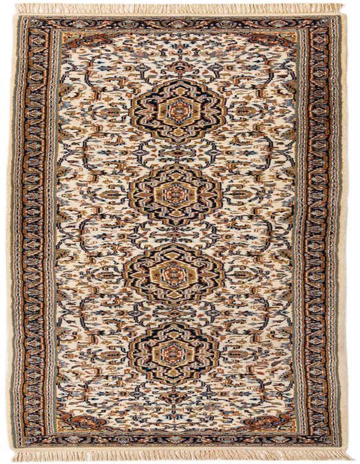 A 10 ft ivory runner rug with a traditional Oriental pattern in navy, brown, and gold, perfect for a hallway.
