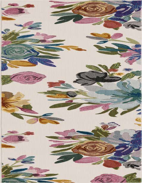 An 8 ft runner rug with a cream background and a vibrant, modern floral pattern featuring large blossoms in shades of pink, blue, green, and brown, ideal for a hallway or kitchen.