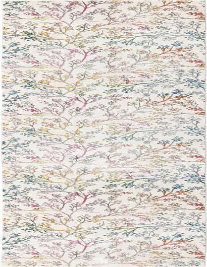 A 12 ft runner rug with an ivory background and a modern floral pattern of colorful branches in pink, blue, yellow, and green.