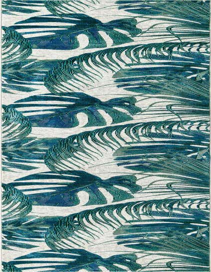 A 12 ft runner rug featuring a vibrant coastal floral pattern with large teal and blue monstera and palm leaves on an ivory background, ideal for a hallway.