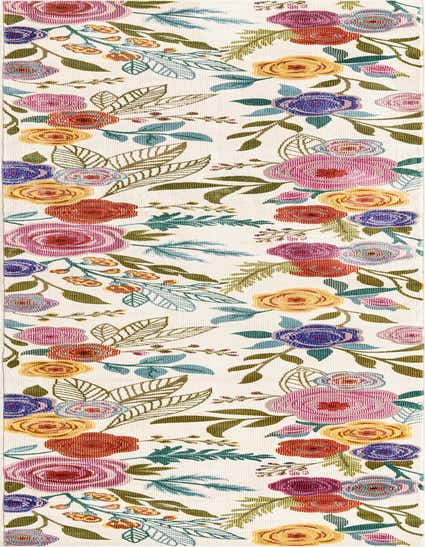 A 12 ft runner rug with a vibrant floral pattern on an ivory background, featuring large pink, orange, yellow, and blue flowers with green leaves.