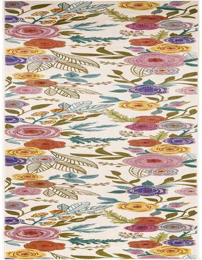 A 13 ft runner rug with a modern floral pattern on an ivory background, featuring colorful roses and leaves.