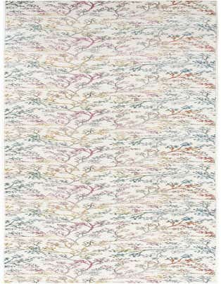 A 16 ft runner rug with a modern floral pattern on an ivory background, featuring colorful branches and leaves in shades of pink, blue, yellow, and green.