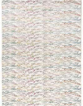 A 20 ft runner rug with a modern floral pattern on an ivory and cream background, featuring colorful branches in teal, pink, gold, and rust.