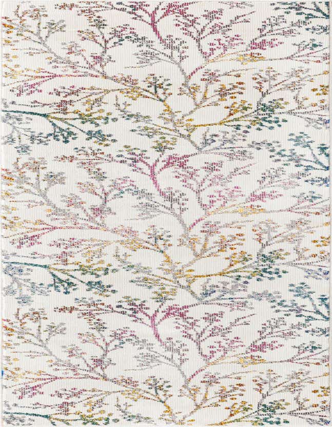 A 5 ft runner rug with a modern floral pattern on an ivory background, featuring colorful branches and blossoms.