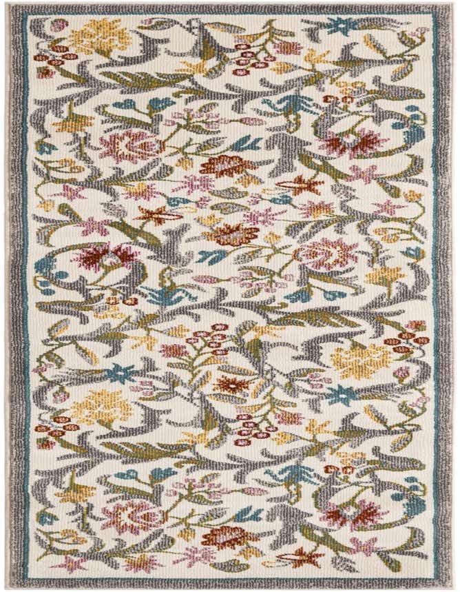 A 6 ft runner rug with an ivory background and a colorful floral pattern featuring grey vines, yellow, pink, and teal flowers, and a grey border.
