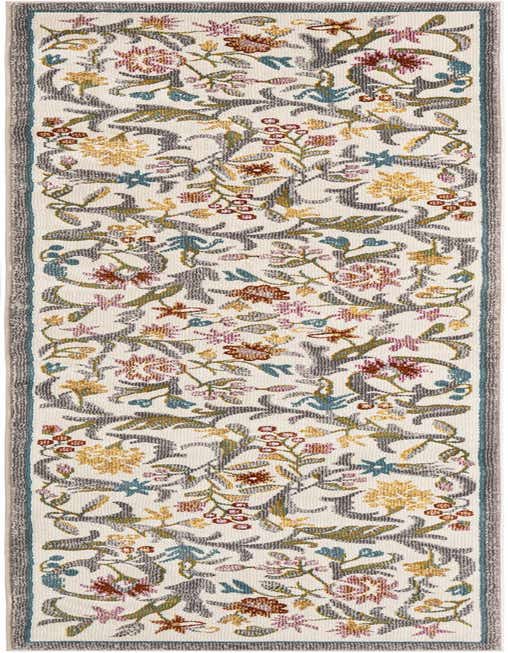 An 8 ft runner rug with an ivory and cream background, featuring a detailed floral and vine pattern in shades of grey, teal, gold, and pink.