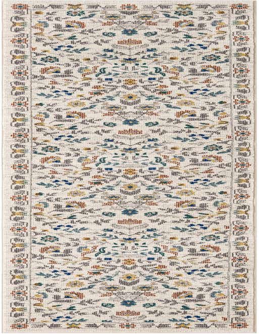 An 8 ft runner rug with an ivory background and a colorful floral and botanical pattern in blue, gold, rust, and grey.