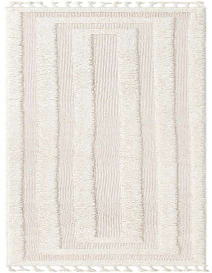 A 12 ft cream and ivory runner rug with a modern stripe pattern and decorative tassels, ideal for a hallway.