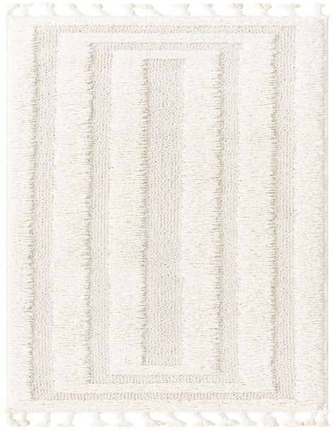 An 8 ft ivory runner rug with a modern striped pattern and textured pile, featuring decorative tassels.
