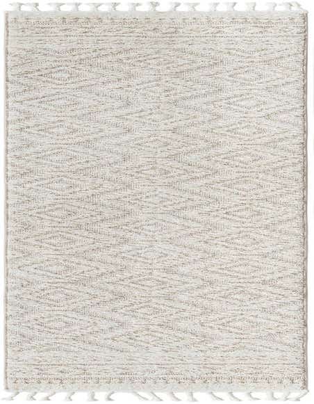 A 12 ft runner rug in ivory and cream with a textured Southwestern trellis pattern and decorative tassels.