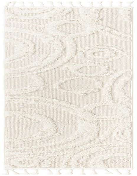A 12 ft ivory runner rug with a modern abstract pattern and tassels, suitable for a hallway.