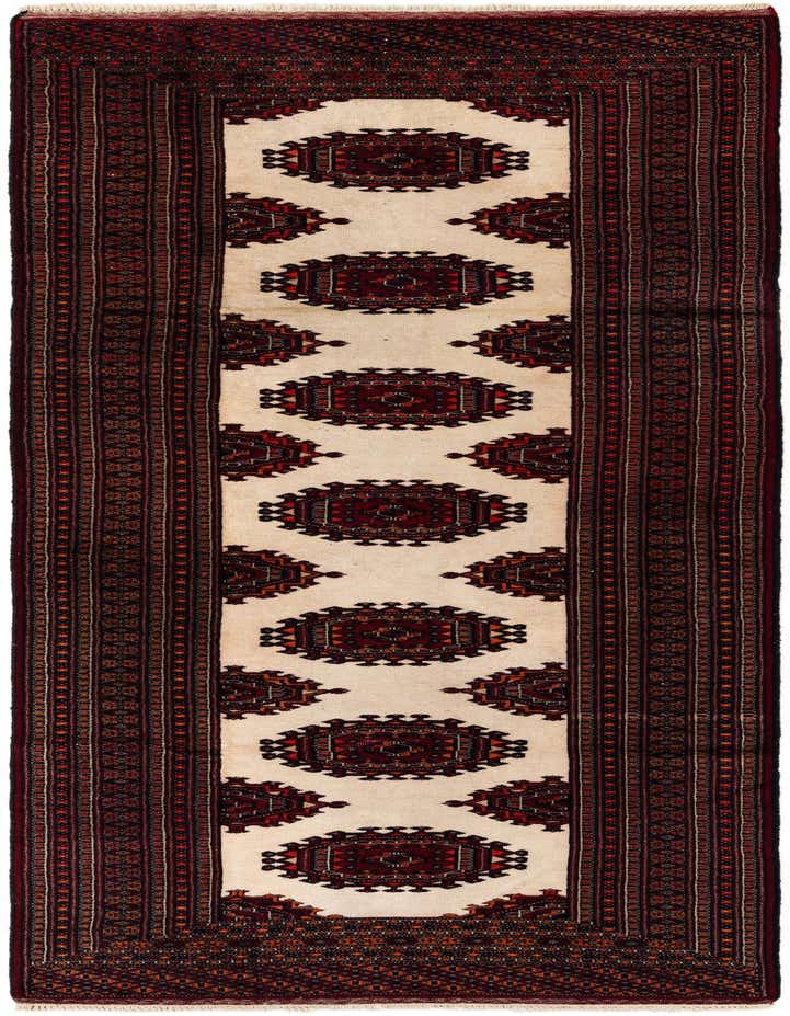 A 9 ft runner rug in ivory with a traditional tribal pattern featuring dark red and black medallions, ideal for a hallway.