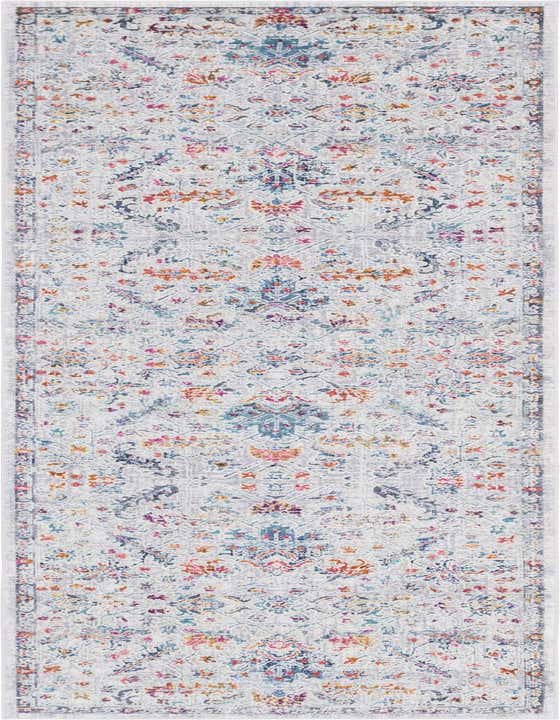 A 10 ft runner rug with an ivory and white distressed background, featuring a vibrant Bohemian floral pattern in pink, blue, orange, and purple hues.