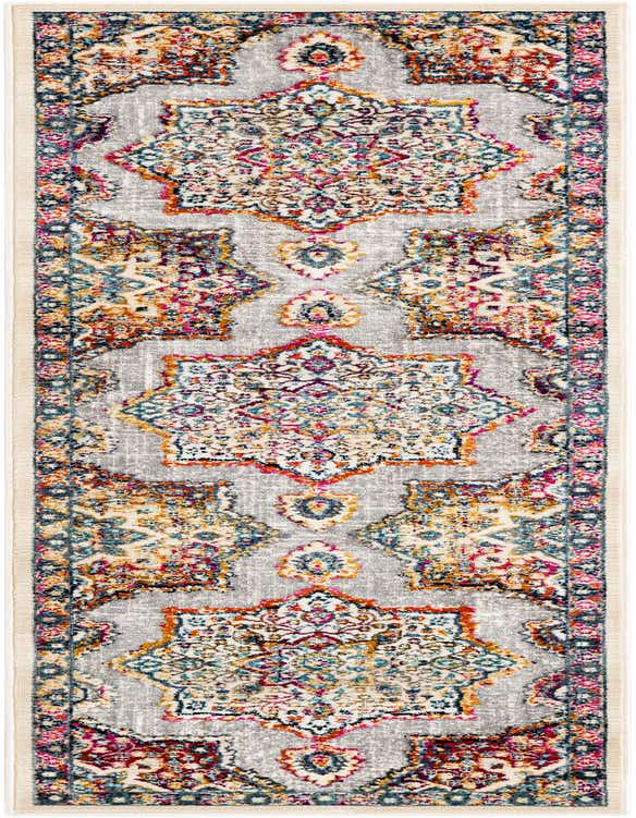 An 8 ft runner rug with a vibrant medallion pattern in ivory, cream, pink, blue, and orange on a distressed gray background, ideal for a hallway.