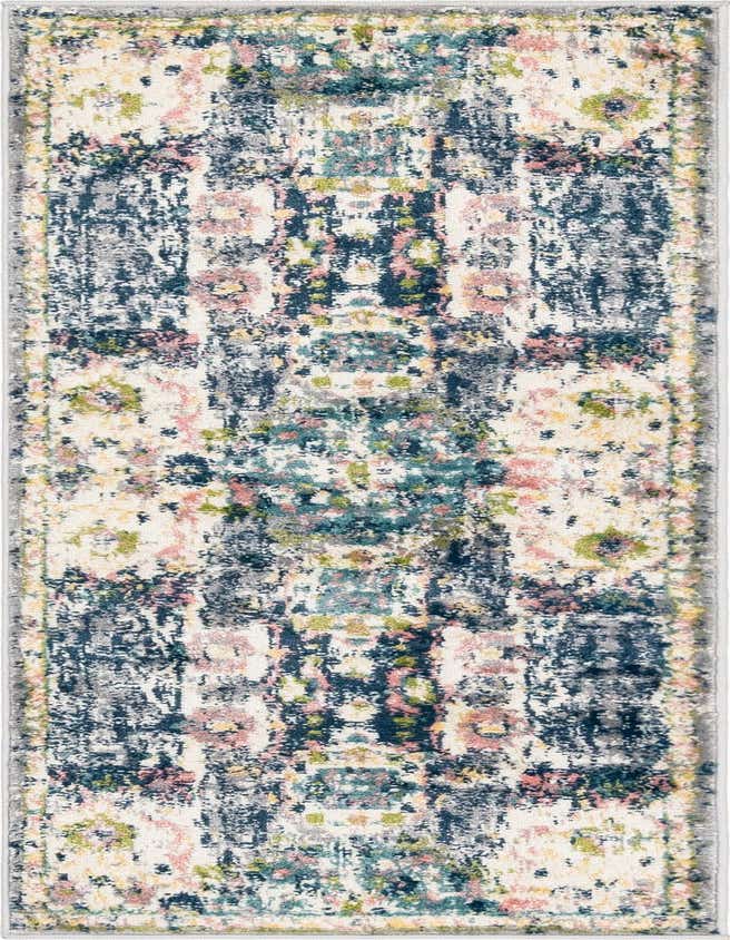 A 6 ft runner rug with a distressed transitional pattern in ivory, cream, white, navy, teal, pink, and green.