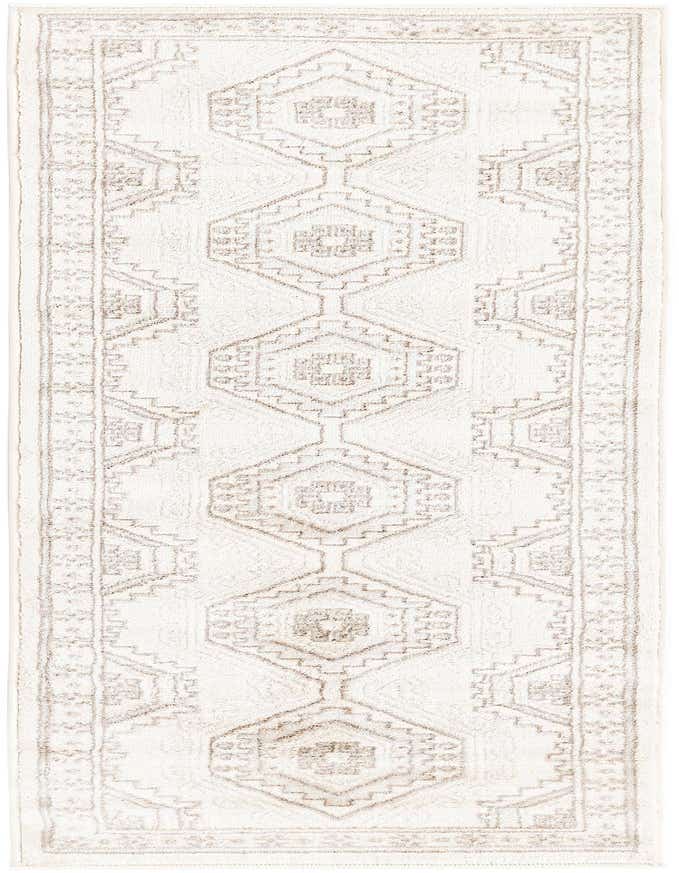 A 6 ft runner rug in ivory and cream with a traditional tribal geometric pattern, ideal for a hallway or kitchen.