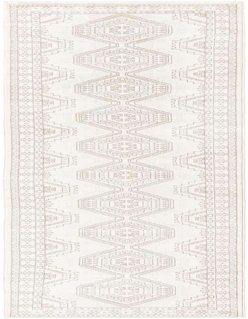 A 13 ft runner rug in ivory and cream with a traditional tribal pattern and southwestern geometric motifs, perfect for a hallway.