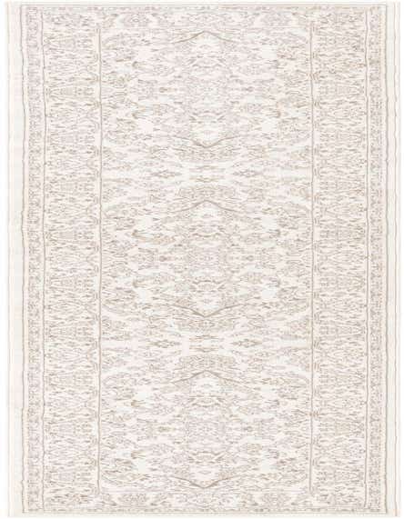 A 12 ft runner rug from the Charlotte collection, featuring an ivory and cream traditional oriental floral pattern on a white background, ideal for hallways.