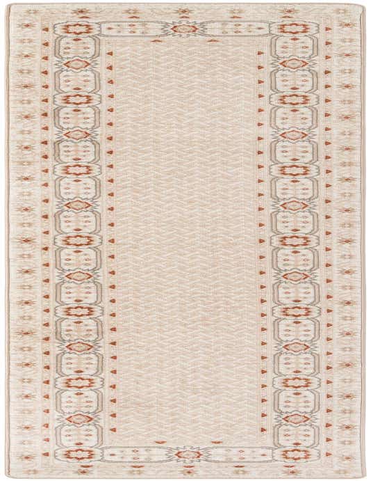 A 10 ft runner rug in ivory and cream with a modern geometric pattern and a decorative border.