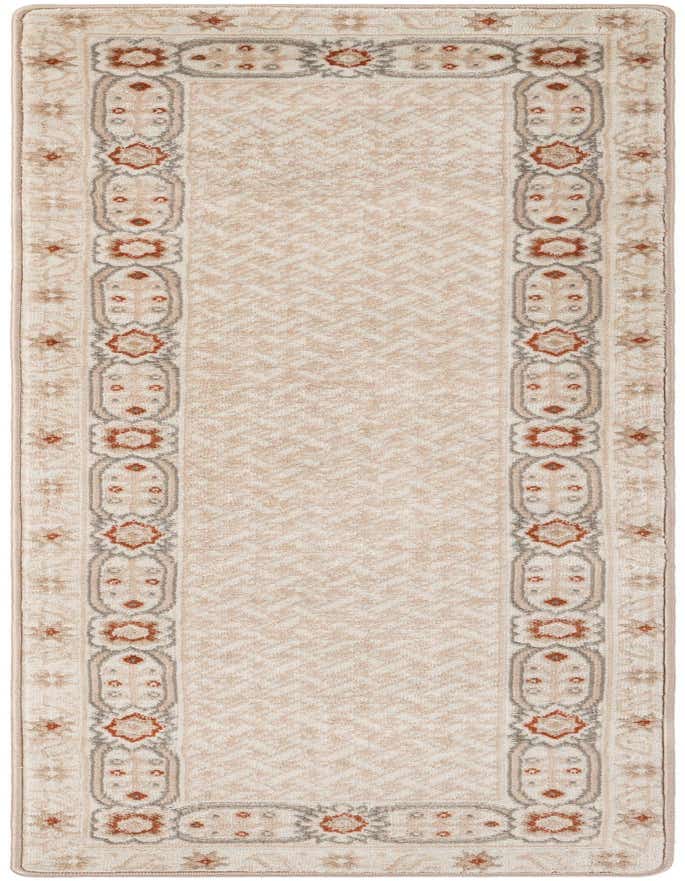 A 6 ft runner rug in ivory and cream with a modern geometric pattern and an ornate border in warm tones, ideal for a hallway.